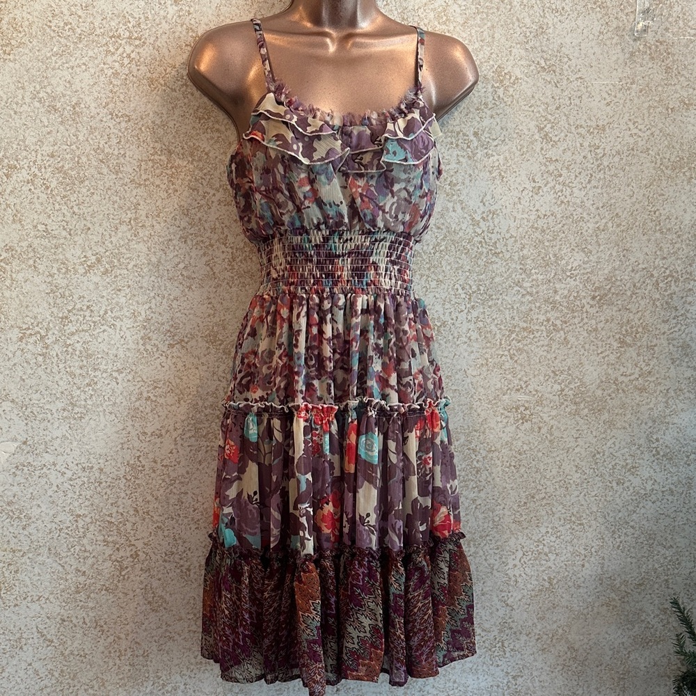 American Rag Floral Smocked Midi Dress in Purple and Teal Accents